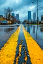 Rain-Slicked City Street with Vivid Yellow Lines