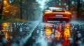 Rain-Slicked Street Reflecting Car Lights. Generative ai