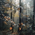 Rain-soaked autumn leaves on a branch in a misty forest Royalty Free Stock Photo