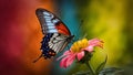 Rain soaked butterfly perches on flower against colored backdrop