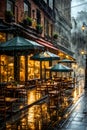 A rain-soaked city street at night. captured with a liquid-like technique