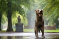 rain-soaked dog shaking off water in park Royalty Free Stock Photo
