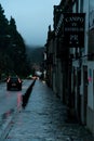 The rain-soaked plazas and historic buildings of Santiago de Compostela, Spain, take on a glistening beauty under the glow of