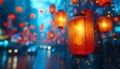 Rain-soaked red lanterns glow against a bokeh of city lights, creating a festive night scene