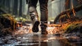 Rain-soaked Routes. The Forest\'s Puddle-Strewn Paths Beneath Adventurous Boots. Generative AI