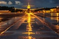 rain-soaked runway reflecting airport lights Royalty Free Stock Photo