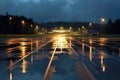 rain-soaked runway reflecting airport lights Royalty Free Stock Photo