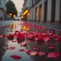 A rain-soaked street adorned with scattered rose petals