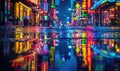 Rain-soaked streets reflecting the colorful lights of neon signs in a bustling city at night Royalty Free Stock Photo