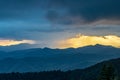 Rain squall creates dramatic light over the Blue Ridge Mountains at sunset Royalty Free Stock Photo