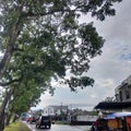 After rain in the street. A little bit of blue sky and full of cloud. The tree is very green. This moment in the street Royalty Free Stock Photo
