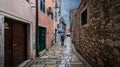 Rain on the streets of the old city of Rovinj. Croatia