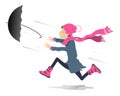 Rain. Strong wind. Running young woman lost umbrella