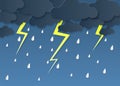 Rain thunder lightning paper cut. Rainy season, heavy rain falling water drops. Cloudy sky and flash, storm weather Royalty Free Stock Photo