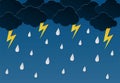 Rain and thunder paper cut background. Rainy weather of spring or autumn season origami banner. Cloud with drop, lightning.