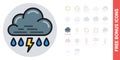 Rain with thunder or thunderstorm icon for weather forecast application or widget. Cloud with raindrops and lightning