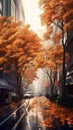 Rain in Tokyo, Autumn city life, maple trees with vibrant leaves along wet street, AI generative