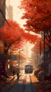 Rain in Tokyo, Autumn city life, maple trees with vibrant leaves along wet street, AI generative