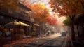 Rain in Tokyo, Autumn city life, maple trees with vibrant leaves along wet street, AI generative