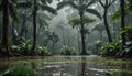 Rain in a tropical forest. Tall trees in the jungle. Royalty Free Stock Photo