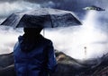 Rain umbrella, man and ufo of alien outdoor on spaceship in science fiction mystery on countryside adventure. Flying