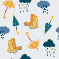 Rain and umbrellas seamless pattern. Autumn time. Clouds with rain and thunderstorms umbrellas and rubber boots. For fabric,