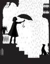 Rain walk with dog dog, Girl on the balcony holding the umbrella above the dog, my friend dog, black and white, shadow,