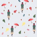 Rain -walking girl seamless pattern -modern flat concept illustration of woman with umbrella.