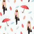 Rain -walking girl seamless pattern -modern flat concept illustration of woman with umbrella.