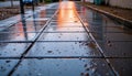 rain washed sidewalk gradient in soft gray and reflecting sunset colors, diagonal water streaks and sharp puddle glints Royalty Free Stock Photo