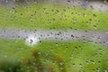 Rain / Water drop of rain on glass with blur green tree outdoor Royalty Free Stock Photo