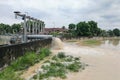 Rain water pumped into river from flood storm retention pond Royalty Free Stock Photo