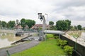 Rain water pumped into river from flood storm retention pond Royalty Free Stock Photo