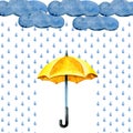 Rain watercolor illustration. Cloud, rain drops, yellow umbrella. Child card