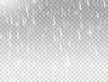 Rain on white transparent background. Realistic falling water drops. Rainfall texture. Rain storm. Rainy cloudy backdrop Royalty Free Stock Photo