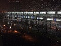 Rain on the window pane with San Diego Convention Centre in the background