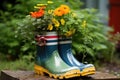 a rainboot used as a quirky container for plants