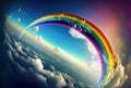 Rainbow above clouds in blue sky. Wide angle. Generative AI