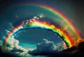 Rainbow above clouds in blue sky. Wide angle. Generative AI