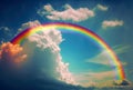 Rainbow above clouds in blue sky. Wide angle. Generative AI