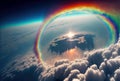 Rainbow above clouds in blue sky. Wide angle. Generative AI