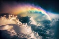 Rainbow above clouds in blue sky. Wide angle. Generative AI