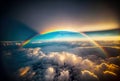 Rainbow above clouds in blue sky. Wide angle. Generative AI