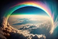 Rainbow above clouds in blue sky. Wide angle. Generative AI