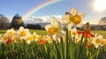 Rainbow above daffodils Royalty Free Stock Photo