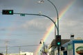 Rainbow above Franklin Avenue, the main road of Yellowknife, Canada Royalty Free Stock Photo