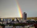 Rainbow above Mulhouse: Europe\'s City of Beautiful Cloudy Skies, Tower Silhouettes, and a Heavy Rain Royalty Free Stock Photo