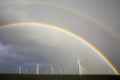 Rainbow above a offshore windpark, Holland