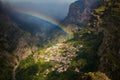 Rainbow above small village Curral das Freiras Royalty Free Stock Photo