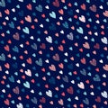 Abstract hearts on dark blue background seamless pattern. Colorful uneven geometric shapes silhouettes doodle drawing. Royalty Free Stock Photo